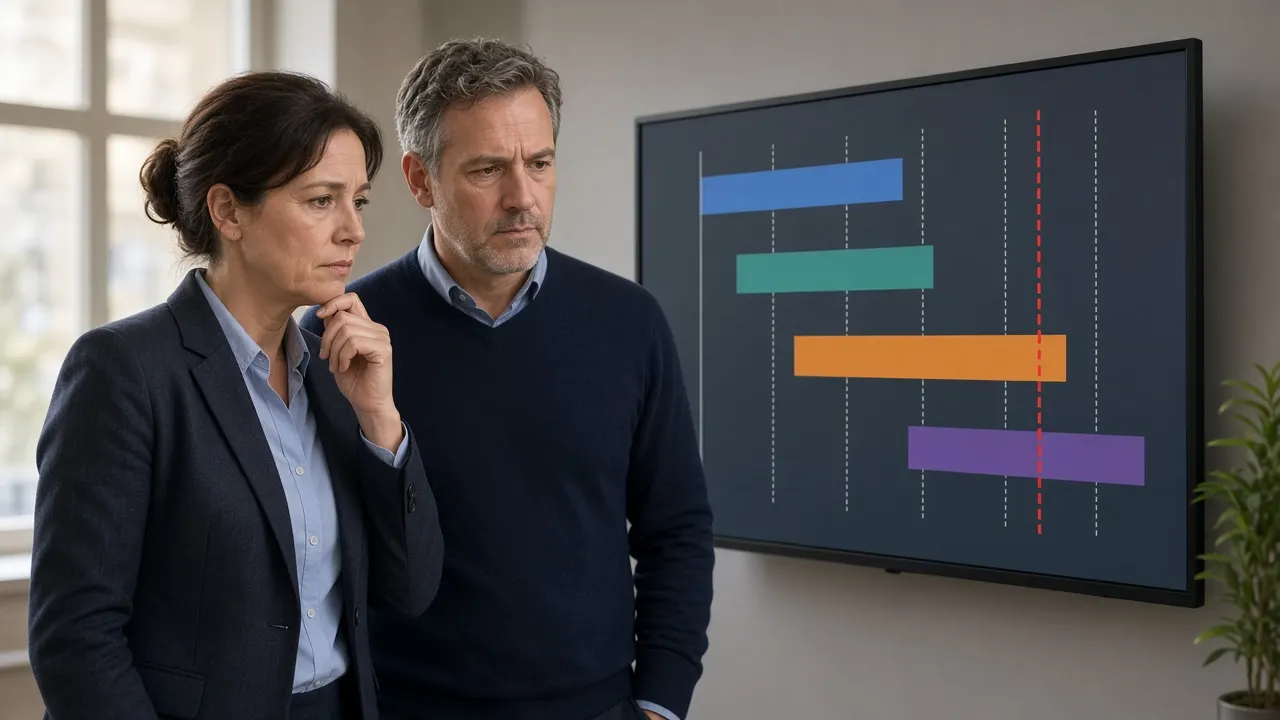 A project manager and colleague looking at a study timeline that needs attention.