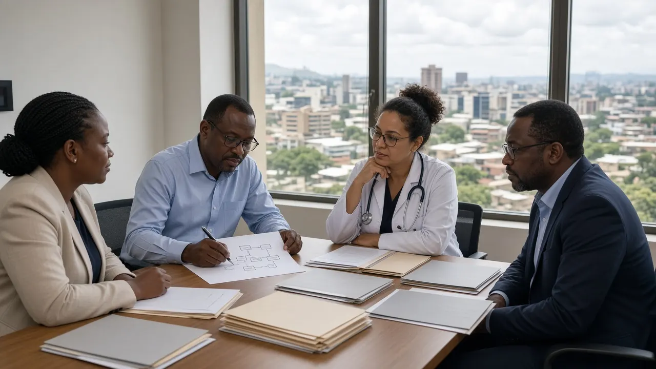 A cross-country clinical planning meeting with research professionals and country folders.