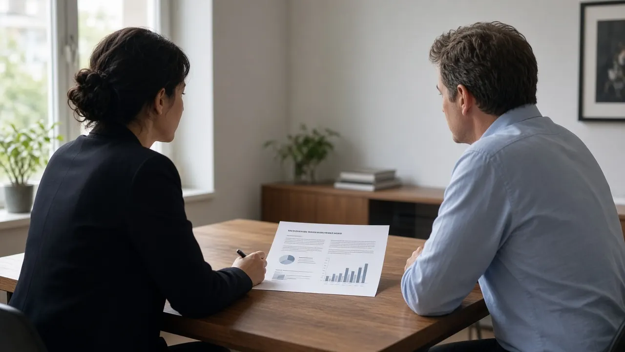 A sponsor and vendor representative reviewing a one-page study metrics sheet.
