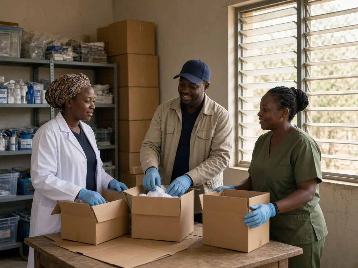 A clinical team preparing transport boxes for infectious-disease research operations.