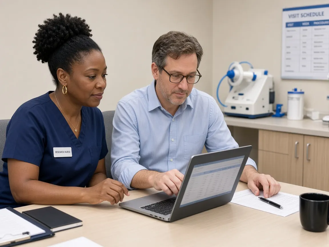 A research nurse and visiting monitor reviewing a respiratory study visit schedule.