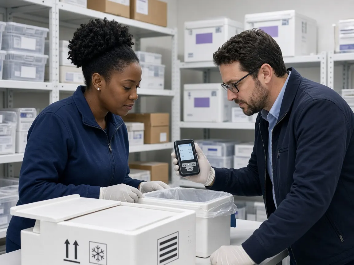 Clinical supply staff checking a vaccine study shipment and temperature logger.